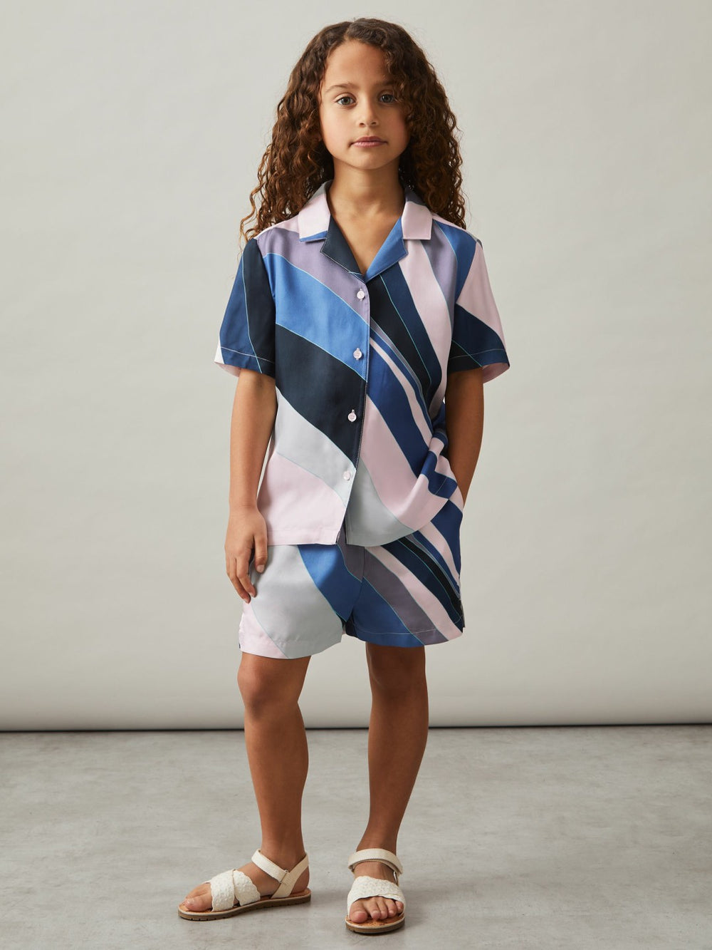 9-13 yrs Printed Cuban Collar Shirt in Blue Print