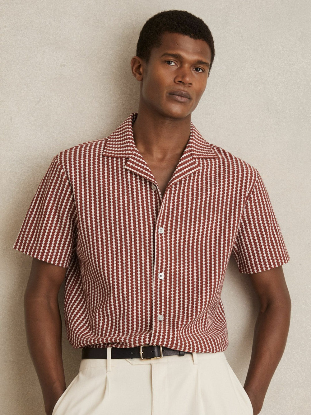 Textured-Stripe Cuban-Collar Shirt in Rust Red/White