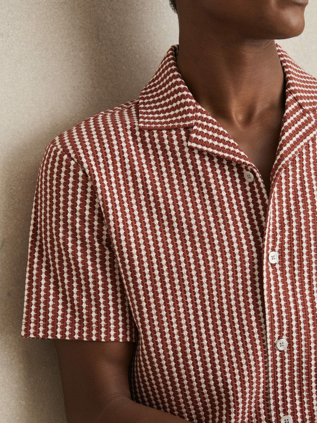 Textured-Stripe Cuban-Collar Shirt in Rust Red/White
