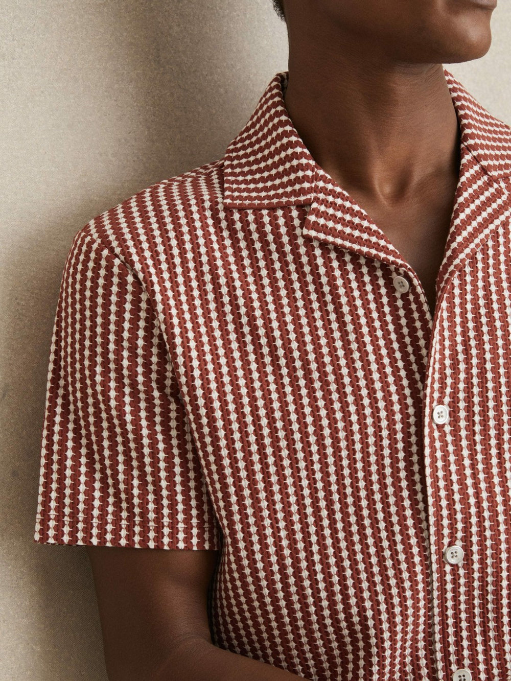 Textured-Stripe Cuban-Collar Shirt in Rust Red/White