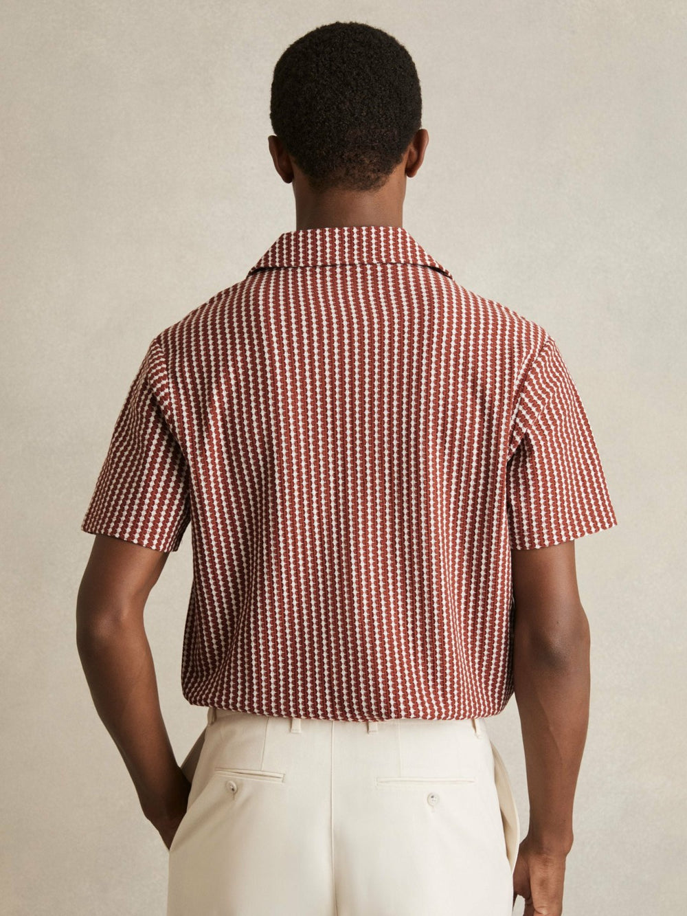 Textured-Stripe Cuban-Collar Shirt in Rust Red/White