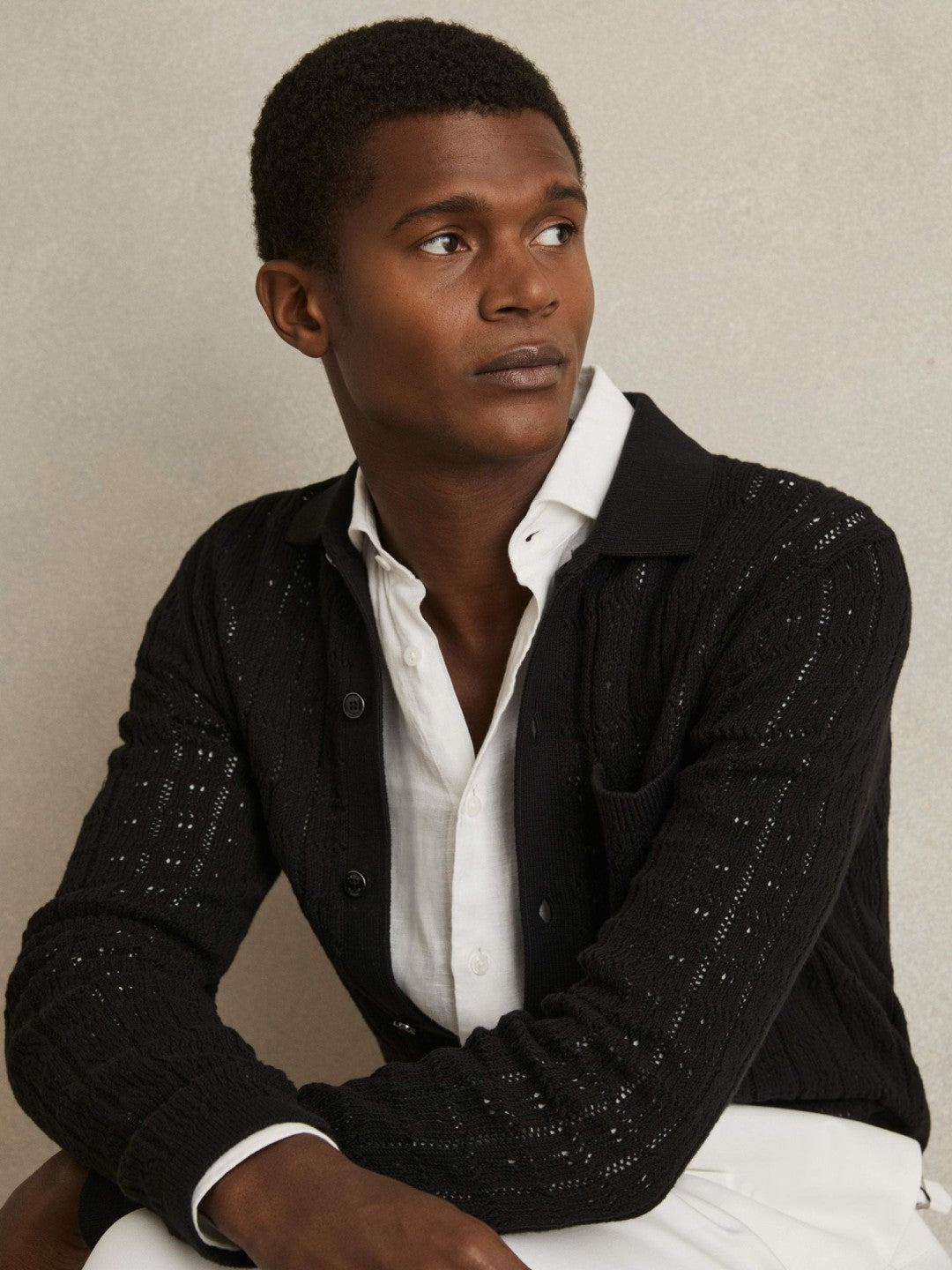 Cotton-Blend Textured Knit Shirt in Black