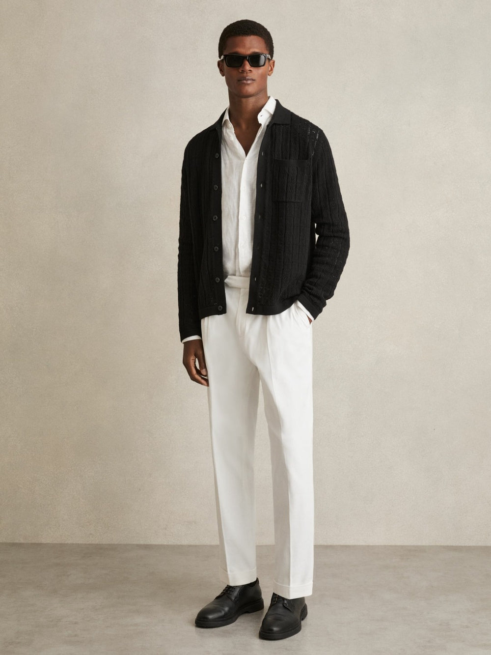 Cotton-Blend Textured Knit Shirt in Black