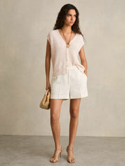 Cotton-Linen Button-Through Knit Top in Ivory