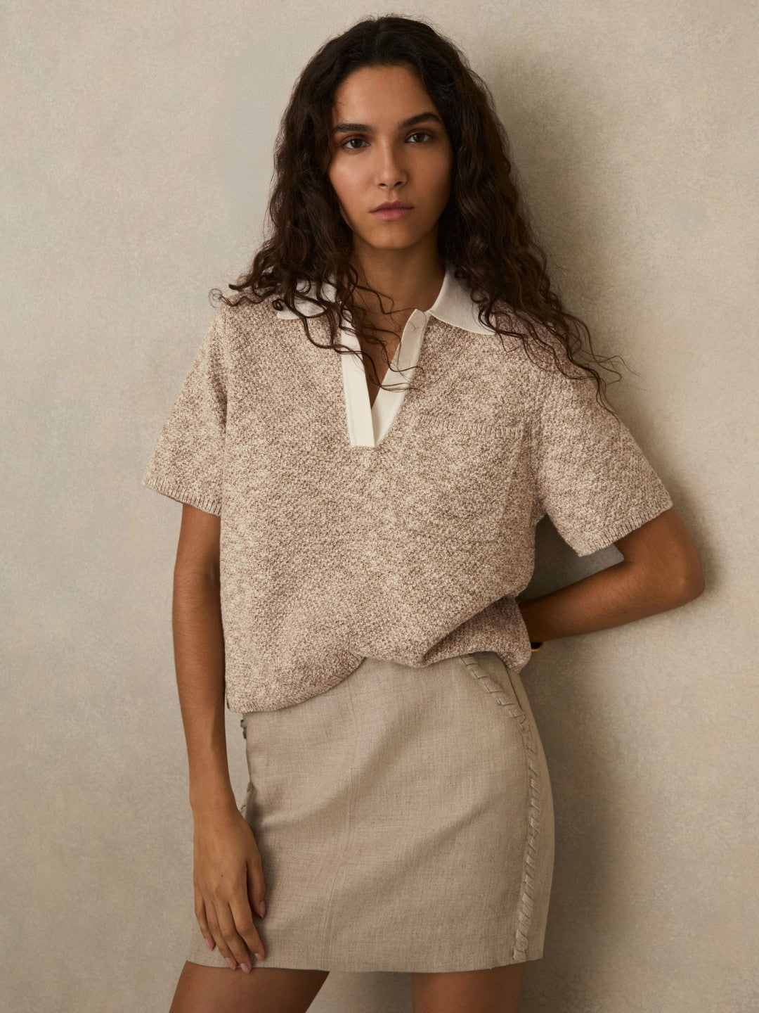 Cotton-Blend Knit Polo Shirt in Neutral