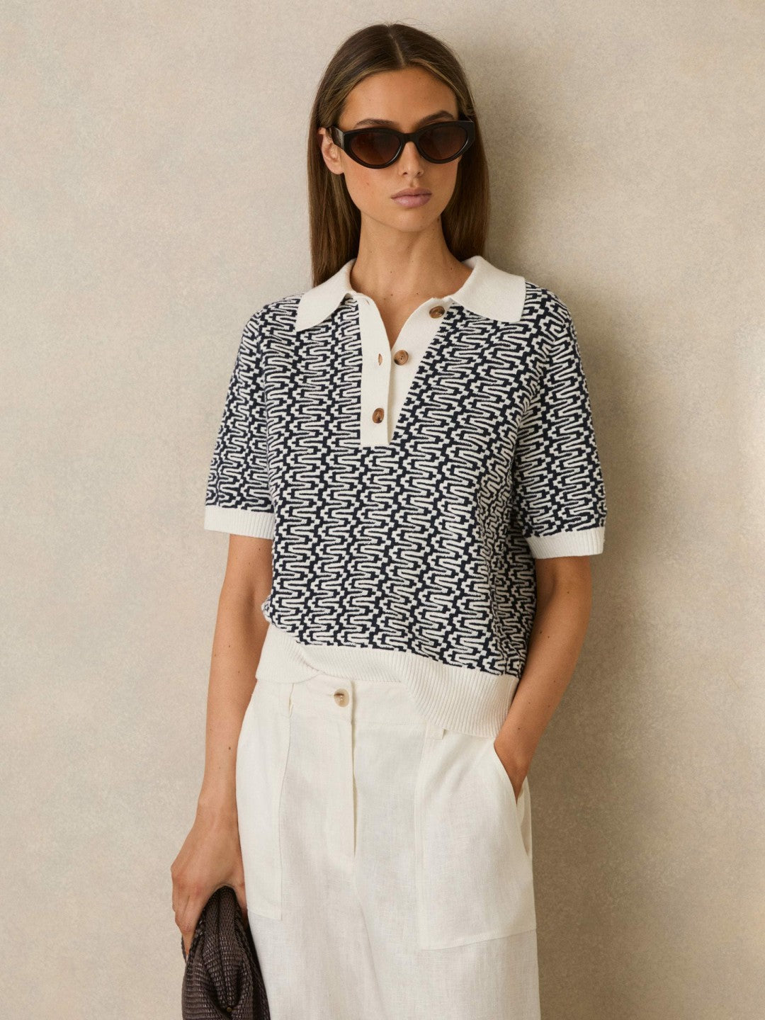Zig-Zag Knit Polo Shirt in Blue/Ivory