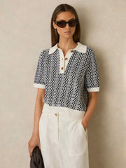 Zig-Zag Knit Polo Shirt in Blue/Ivory