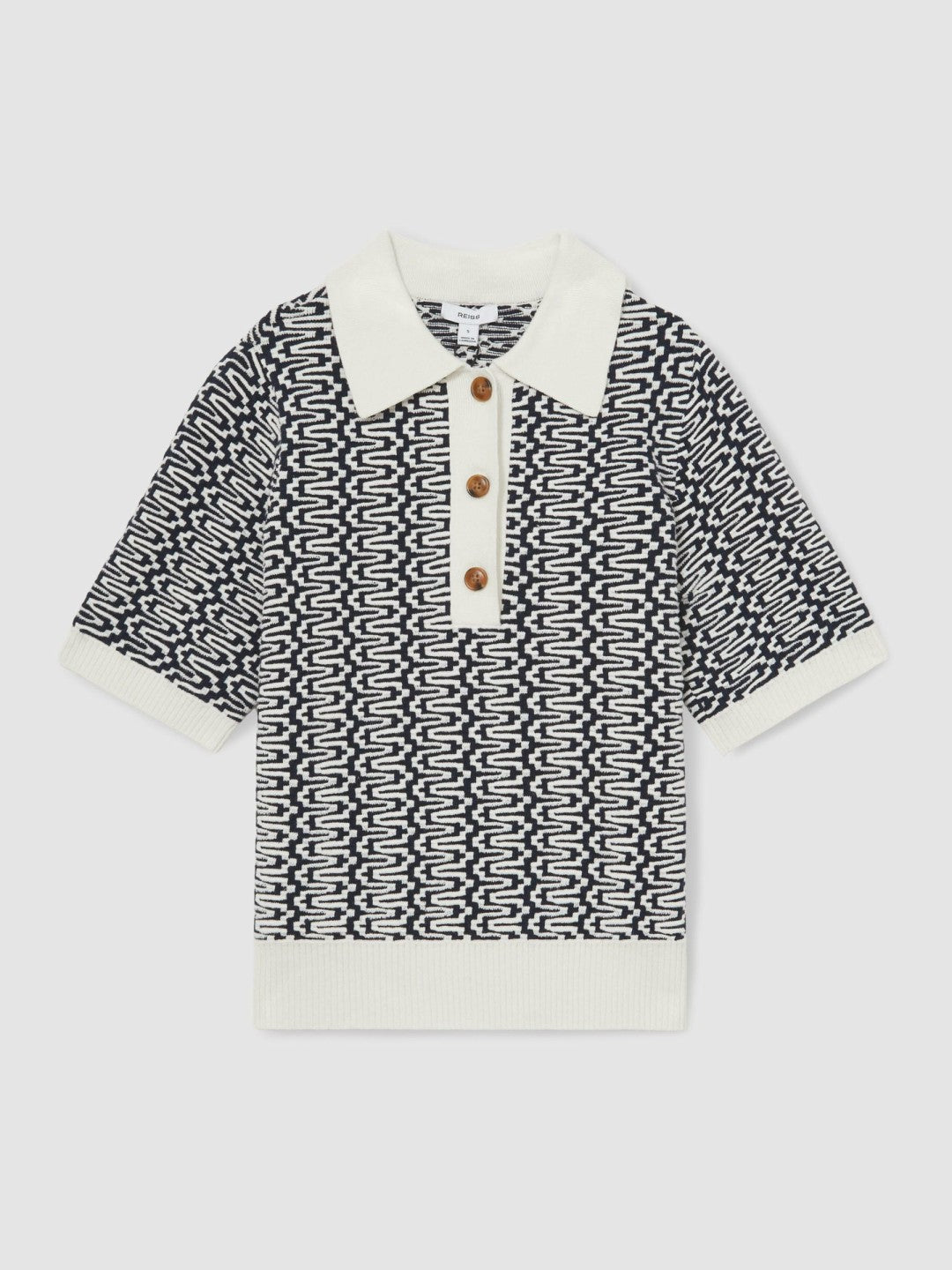 Zig-Zag Knit Polo Shirt in Blue/Ivory