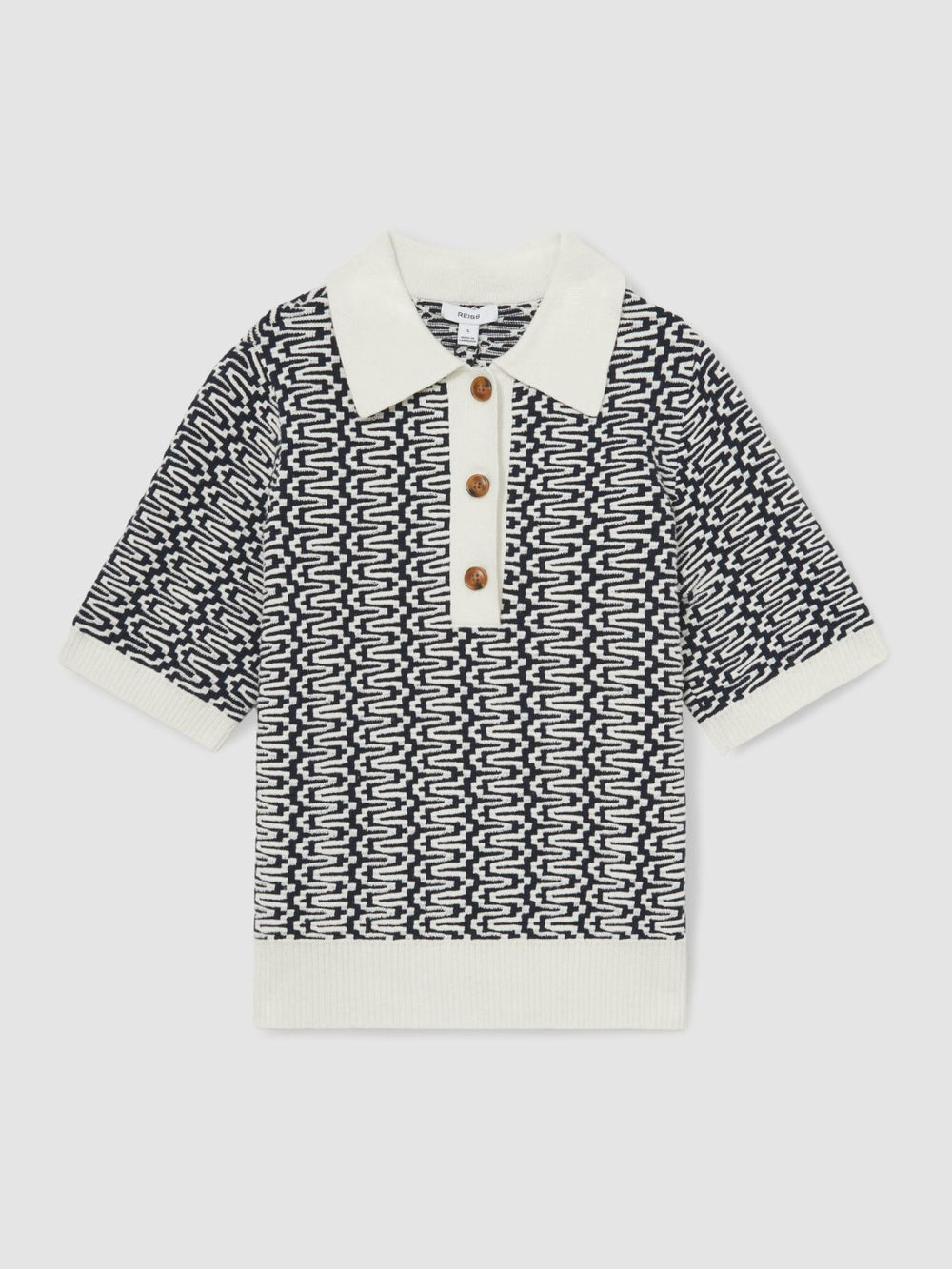 Zig-Zag Knit Polo Shirt in Blue/Ivory