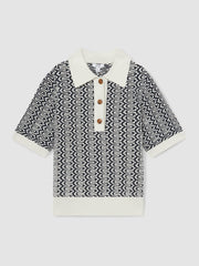 Zig-Zag Knit Polo Shirt in Blue/Ivory