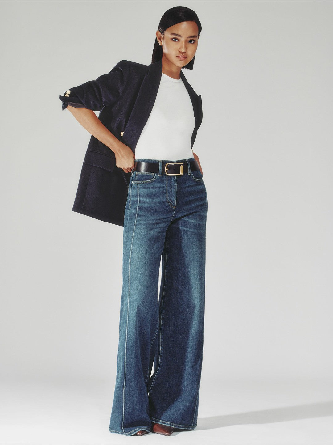 Petite Stretch-Cotton Wide-Leg Jeans in Mid Blue