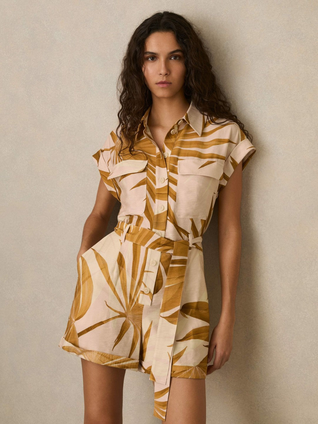 Palm Print Belted Playsuit in Neutral