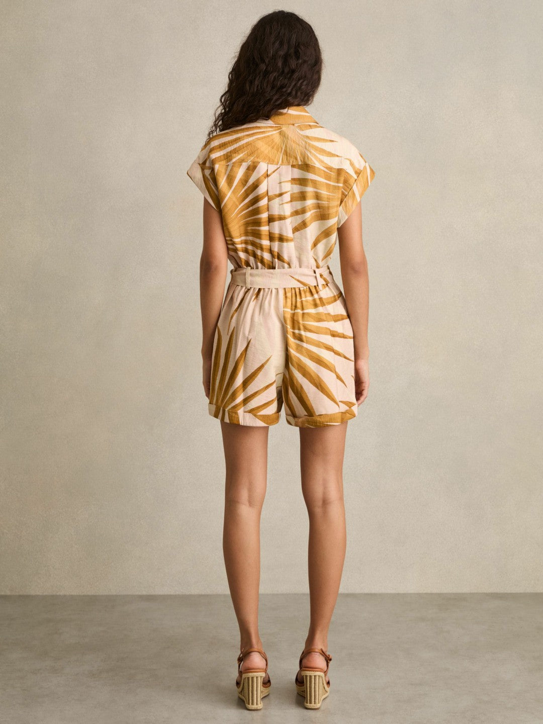 Palm Print Belted Playsuit in Neutral