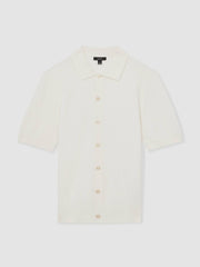 Textured Knit Button-Through Shirt in White