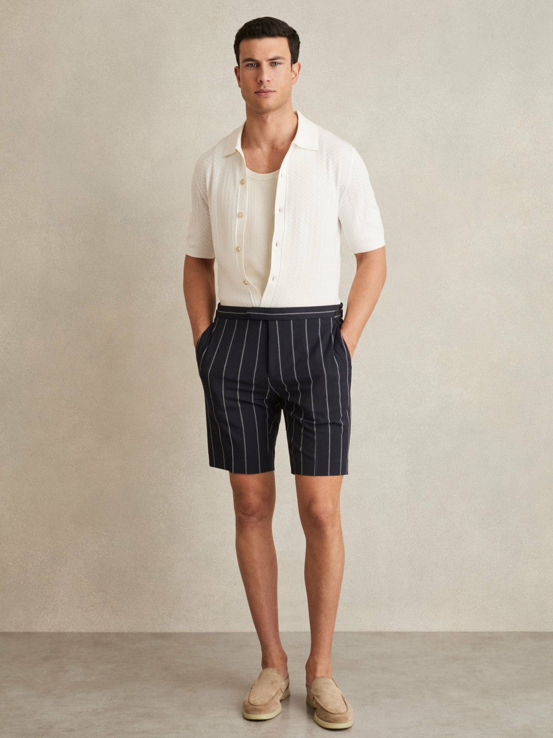 Textured Knit Button-Through Shirt in White