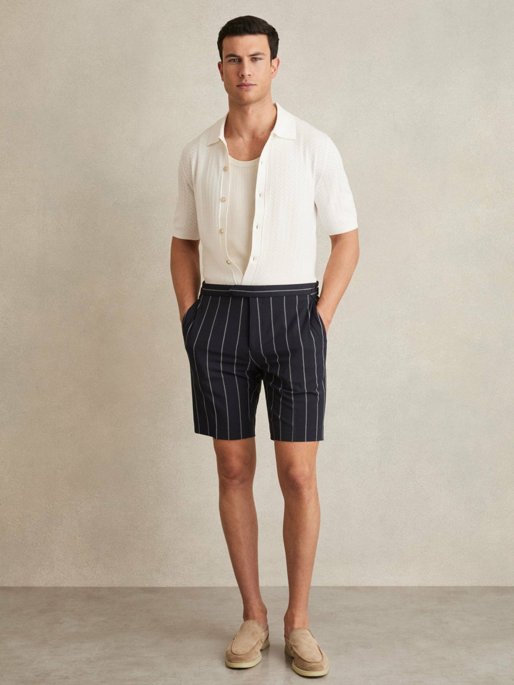Textured Knit Button-Through Shirt in White