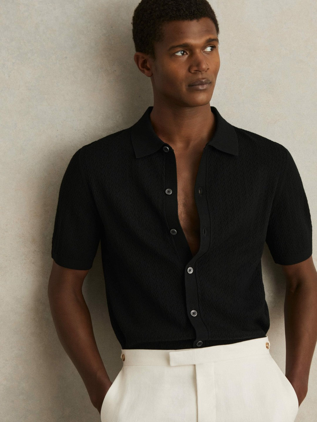 Textured Knit Button-Through Shirt in Black