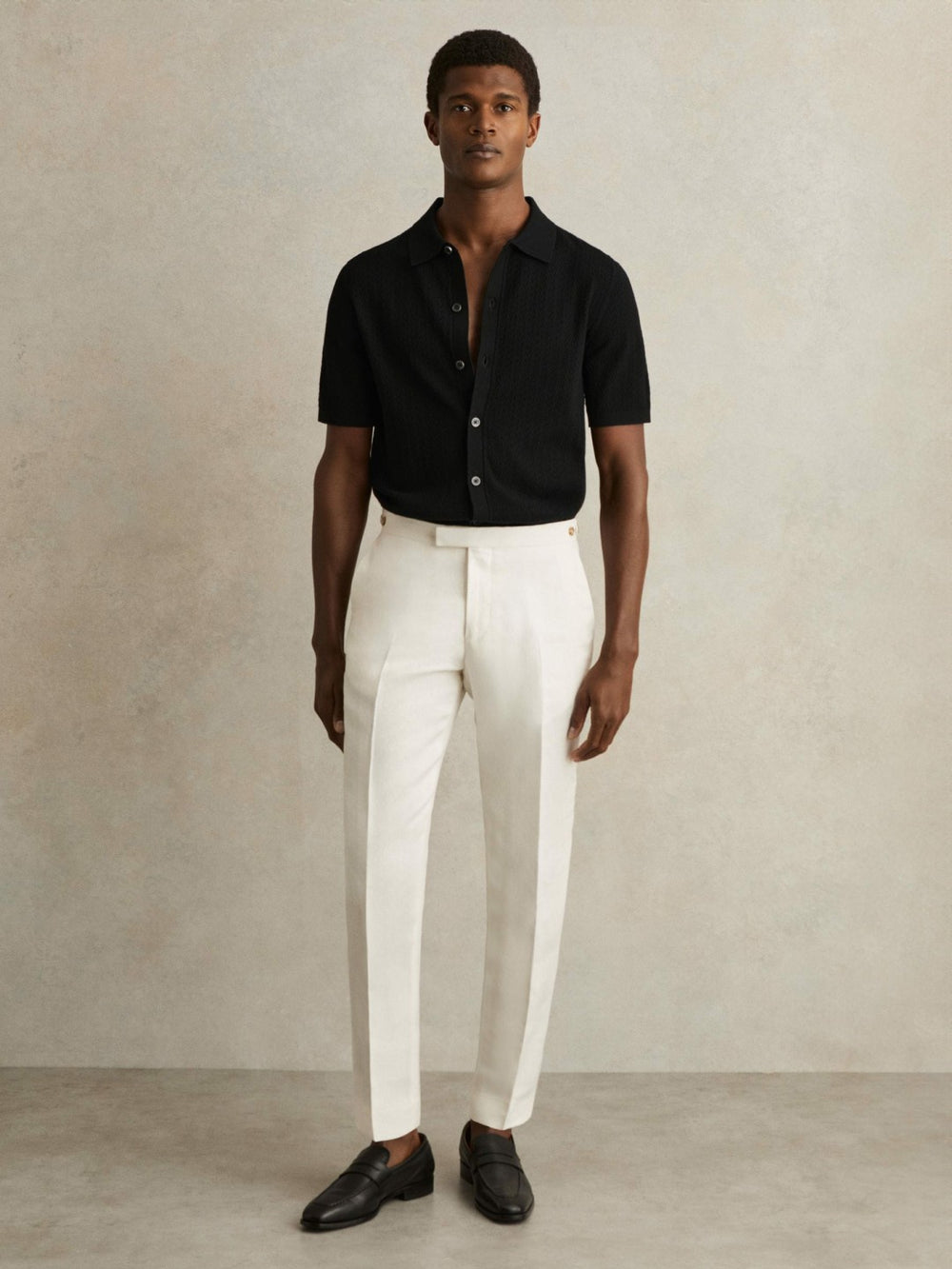 Textured Knit Button-Through Shirt in Black