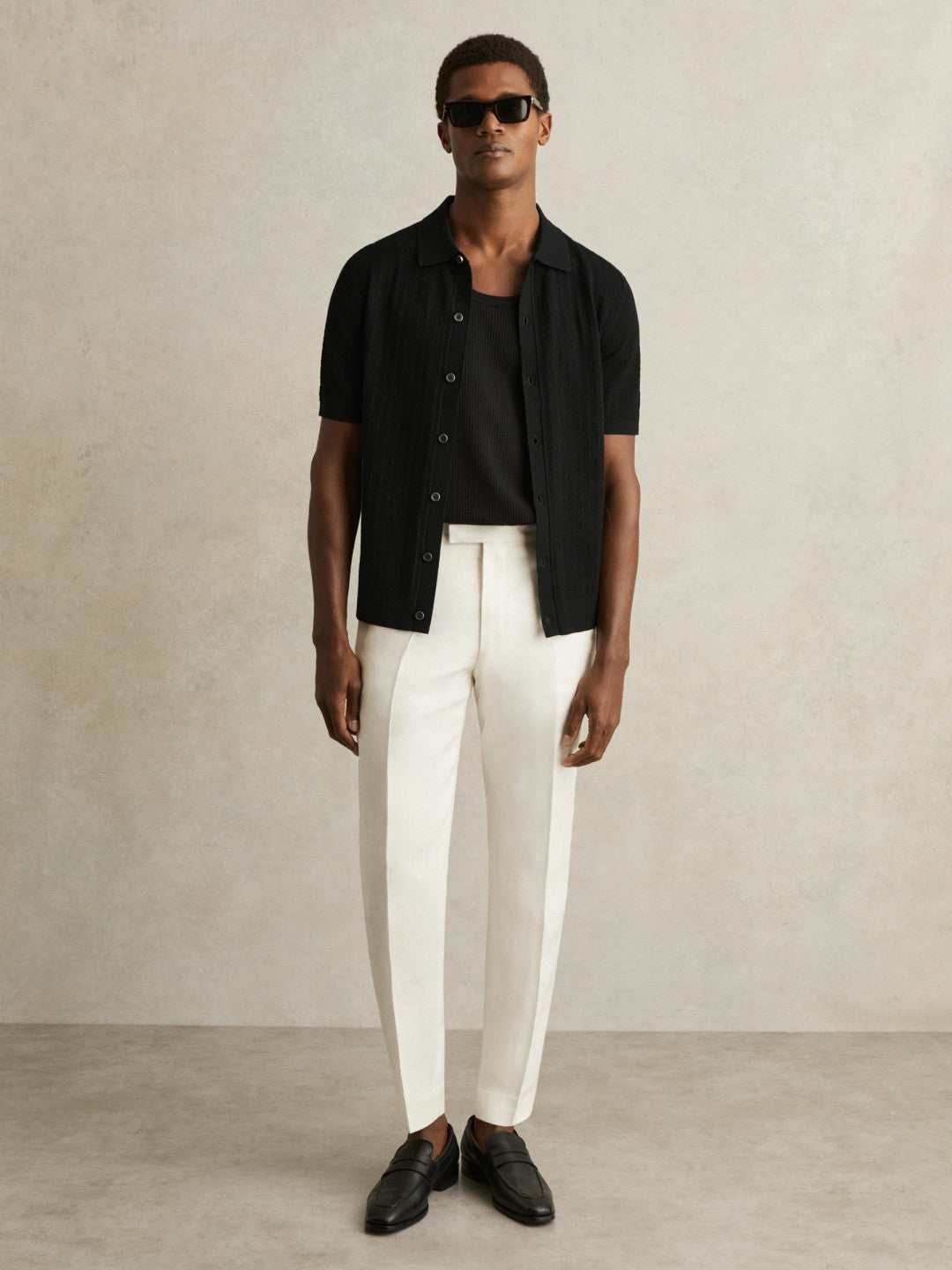 Textured Knit Button-Through Shirt in Black