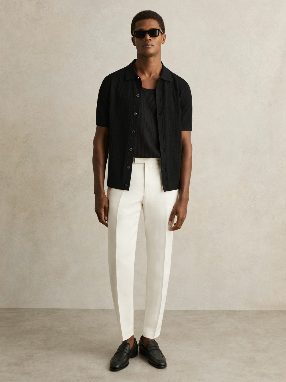 Textured Knit Button-Through Shirt in Black