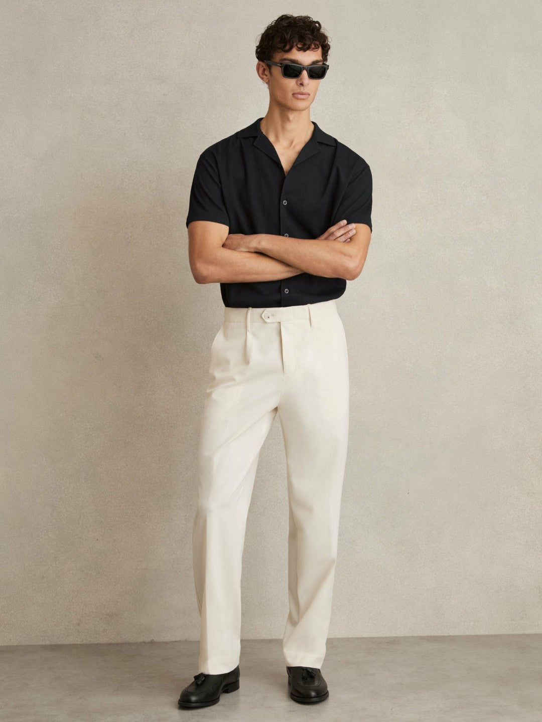 Textured Crepe Cuban Collar Shirt in Navy