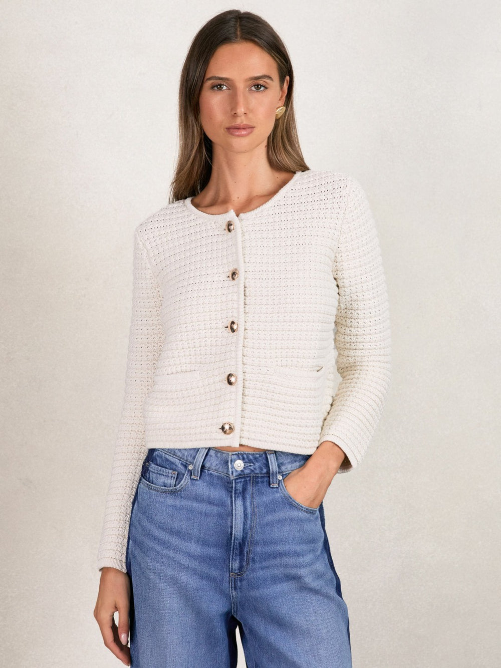 Paige Textured-Knit Cardigan in Ivory
