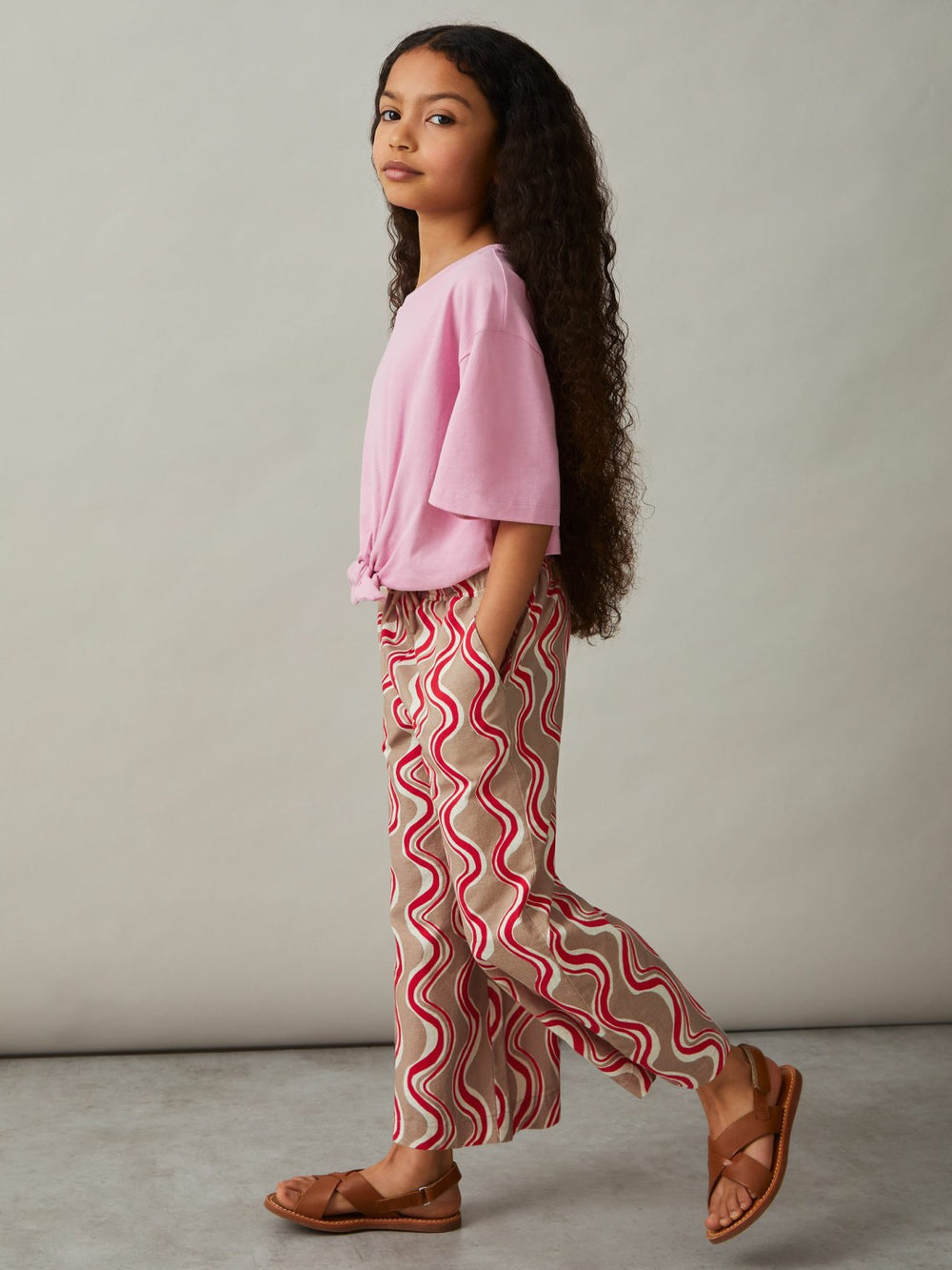 Cotton Linen Printed Trousers in Red