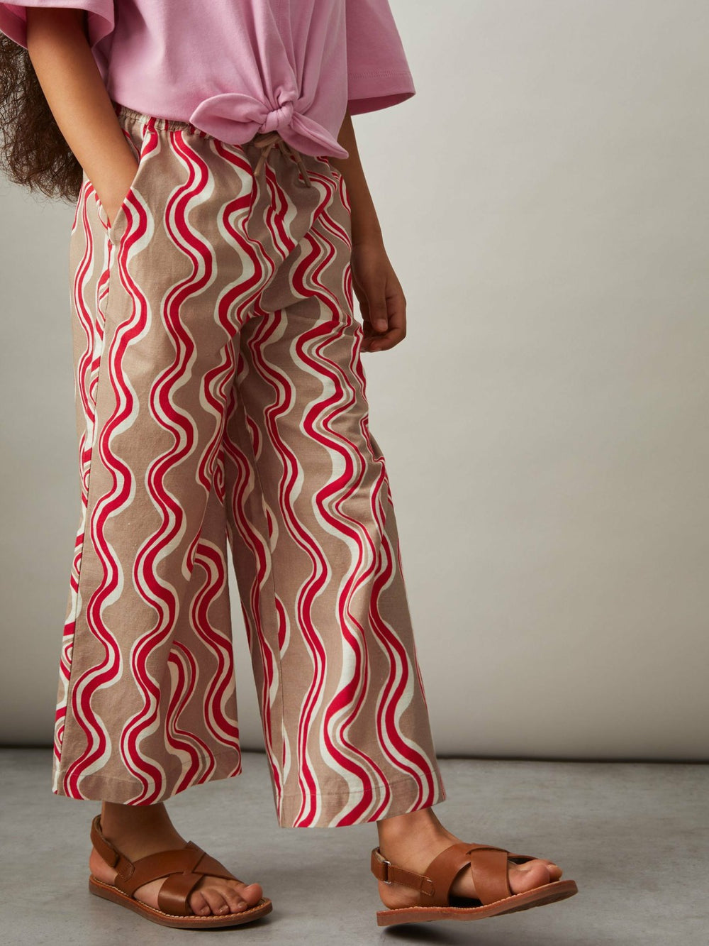 Cotton Linen Printed Trousers in Red
