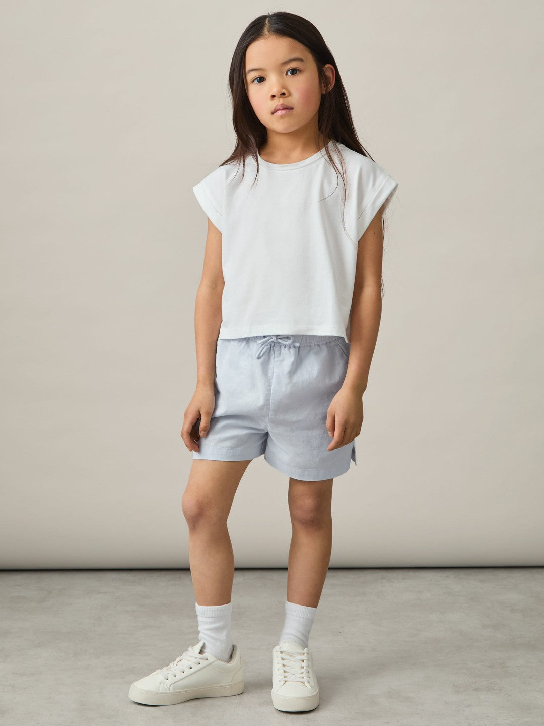 13-14 yrs Cotton-Linen Drawstring Shorts in Soft Blue