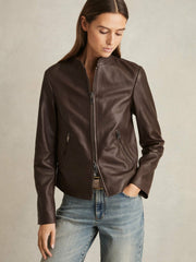 Leather Collarless Biker Jacket in Chocolate Brown