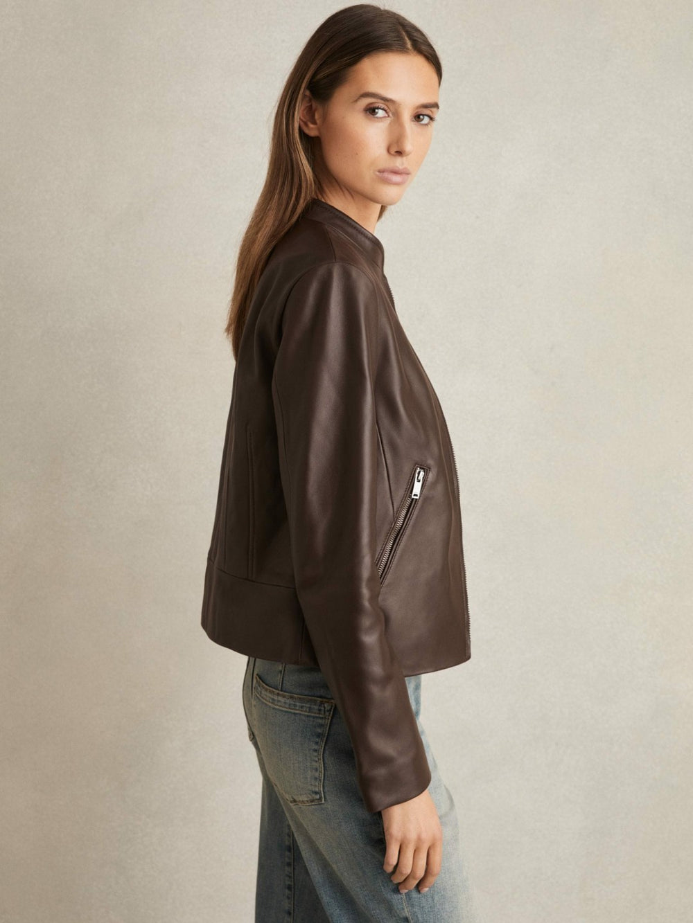 Leather Collarless Biker Jacket in Chocolate Brown