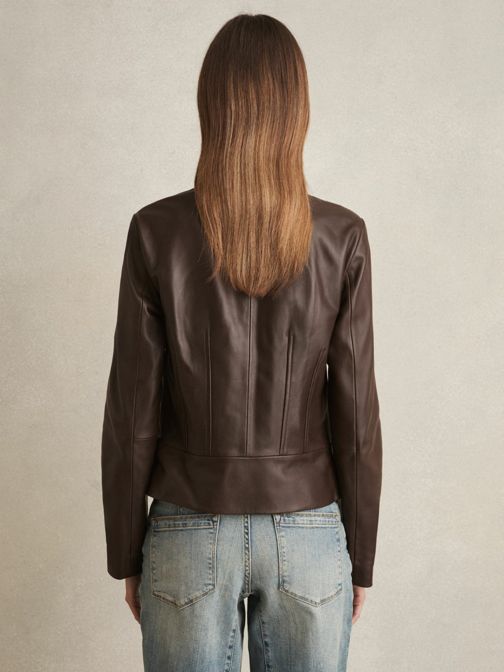 Leather Collarless Biker Jacket in Chocolate Brown
