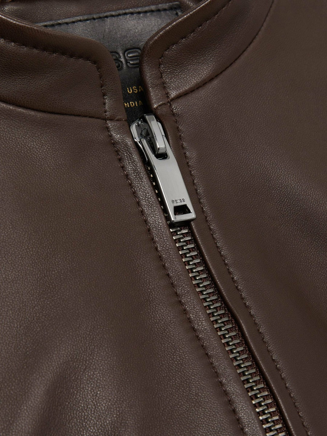 Leather Collarless Biker Jacket in Chocolate Brown