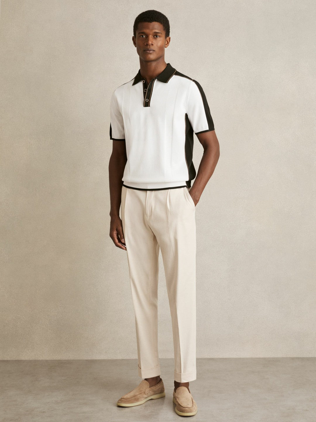 Colour-Block Knit Polo Shirt in Optic White/Green