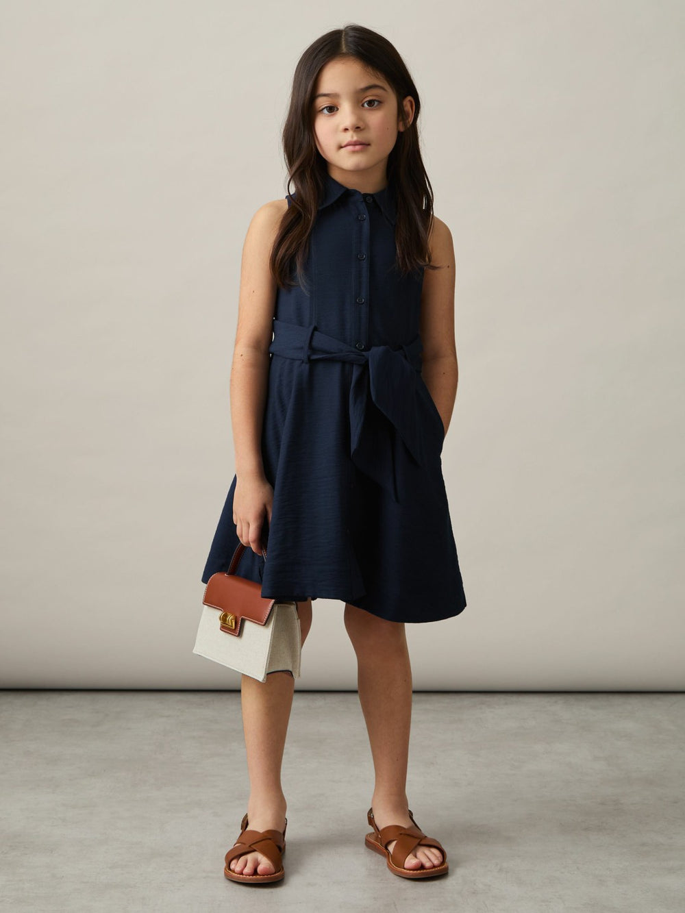 9-13 yrs Tie-Waist Collared Dress in Blue
