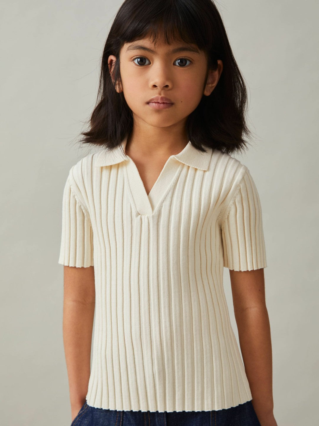 13-14 yrs Rib-Knit Polo Top in Ivory