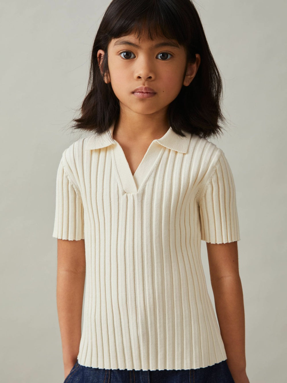 13-14 yrs Rib-Knit Polo Top in Ivory