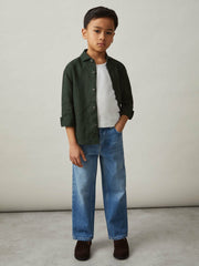 3-9 yrs Linen Cutaway Collar Shirt in Dark Green