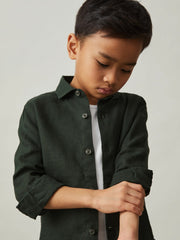 3-9 yrs Linen Cutaway Collar Shirt in Dark Green