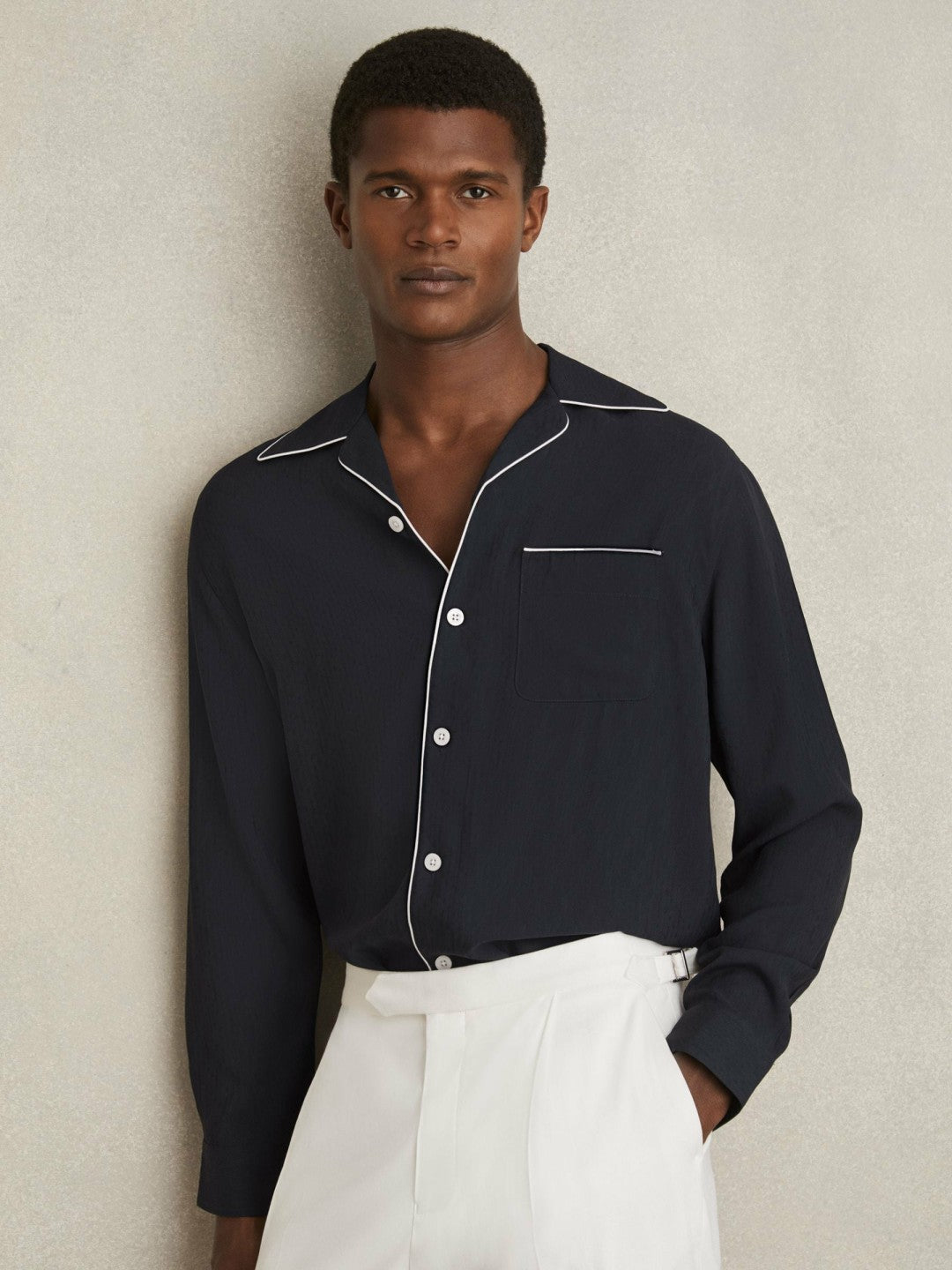Cuban Collar Shirt with Piping Detail Shirt in Navy
