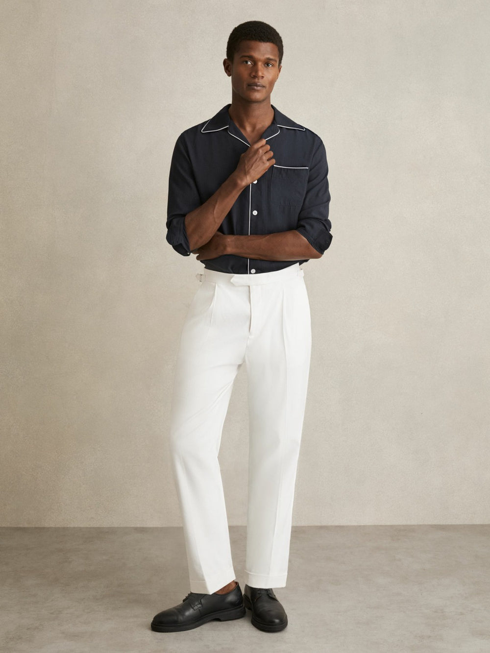 Cuban Collar Shirt with Piping Detail Shirt in Navy