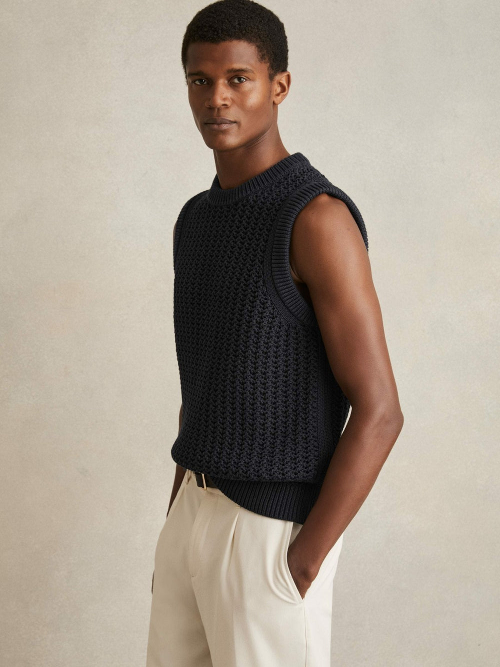 Cotton-Blend Crochet Vest in Navy