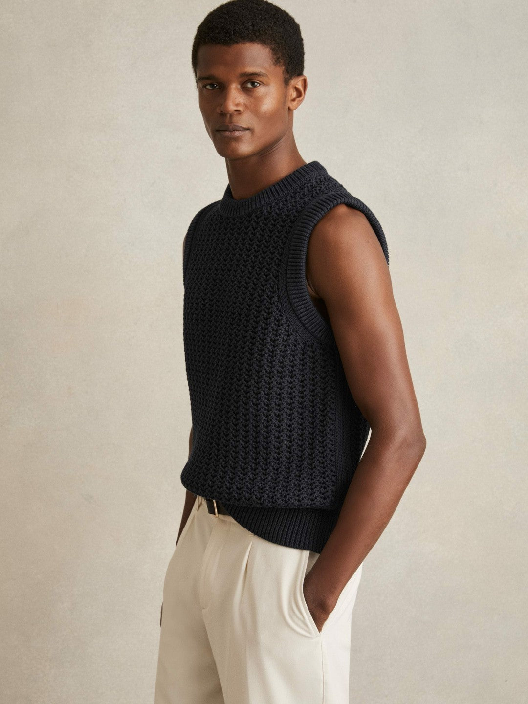 Cotton-Blend Crochet Vest in Navy