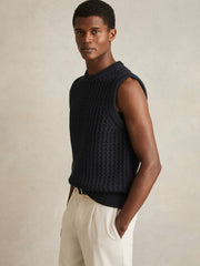 Cotton-Blend Crochet Vest in Navy