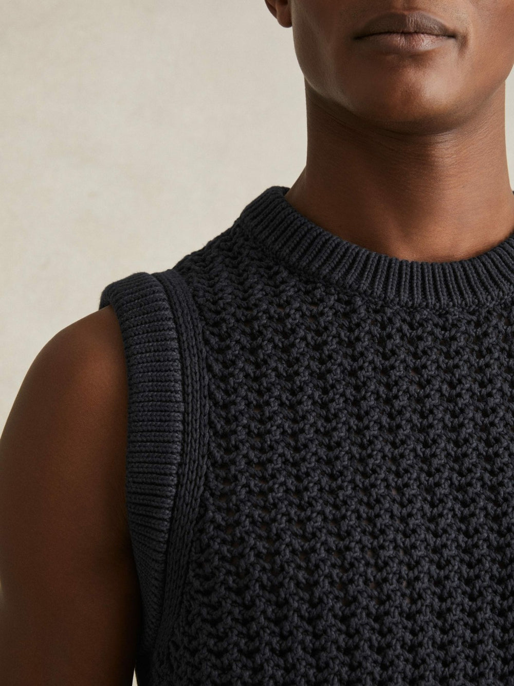 Cotton-Blend Crochet Vest in Navy