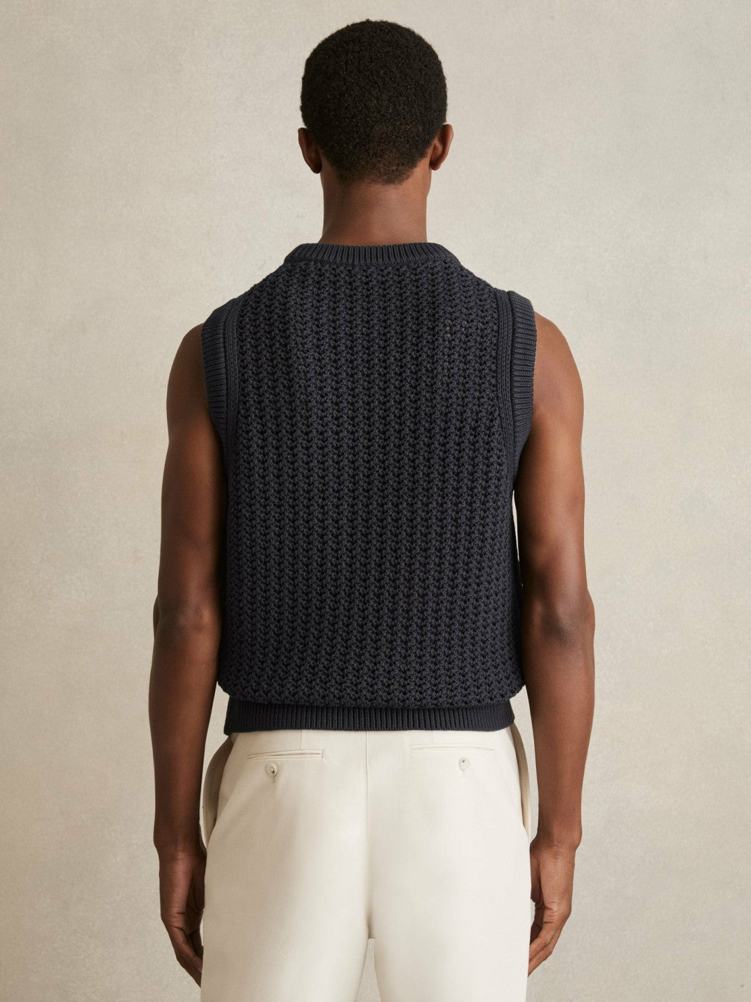 Cotton-Blend Crochet Vest in Navy