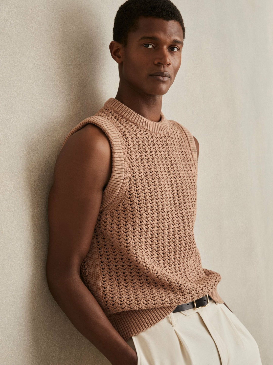 Cotton-Blend Crochet Vest in Soft Camel