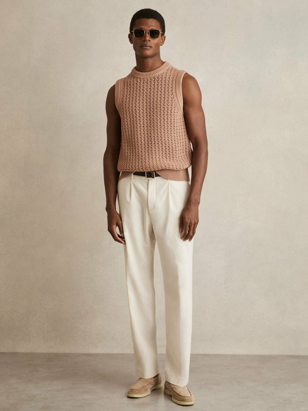 Cotton-Blend Crochet Vest in Soft Camel