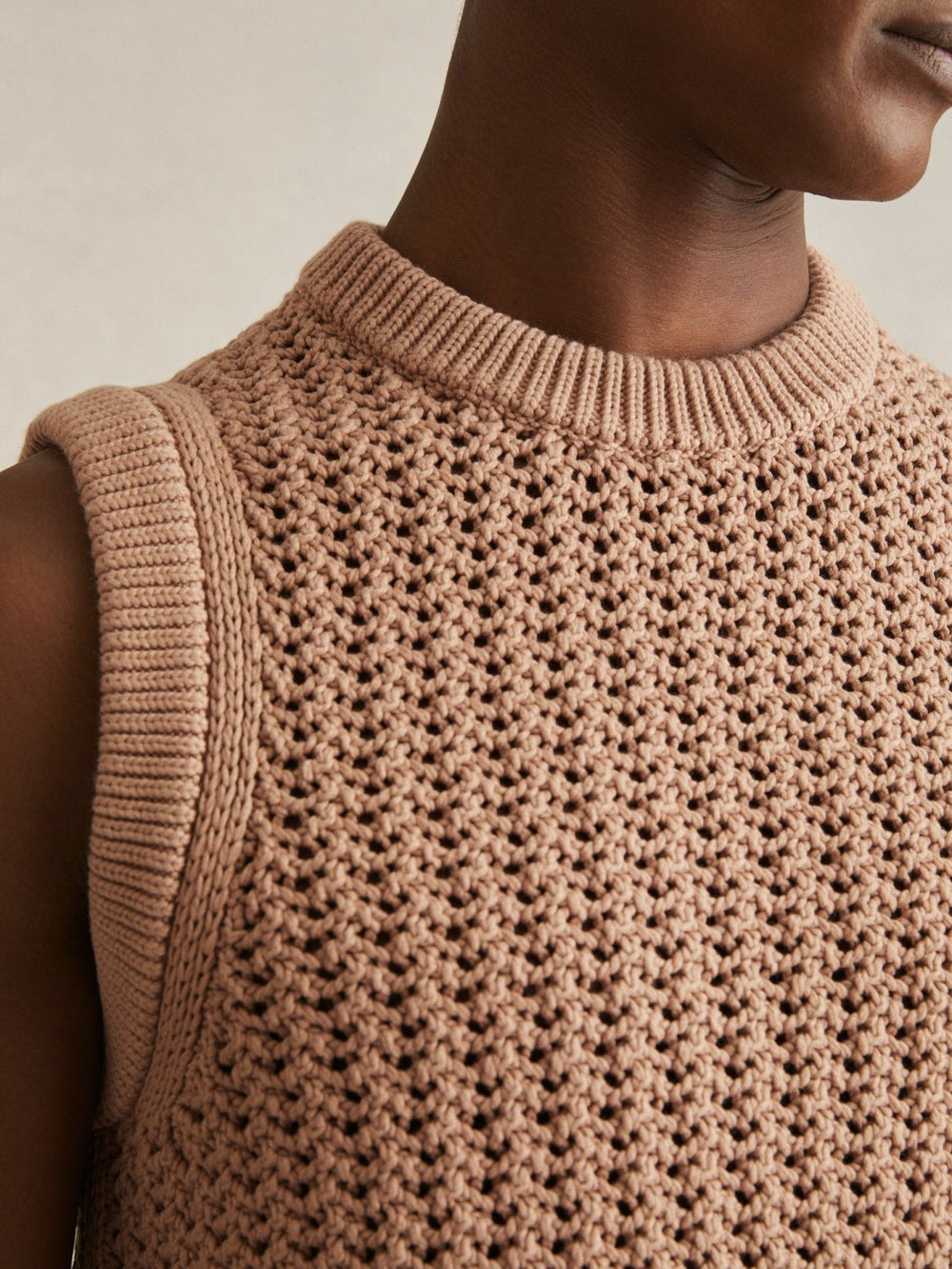 Cotton-Blend Crochet Vest in Soft Camel