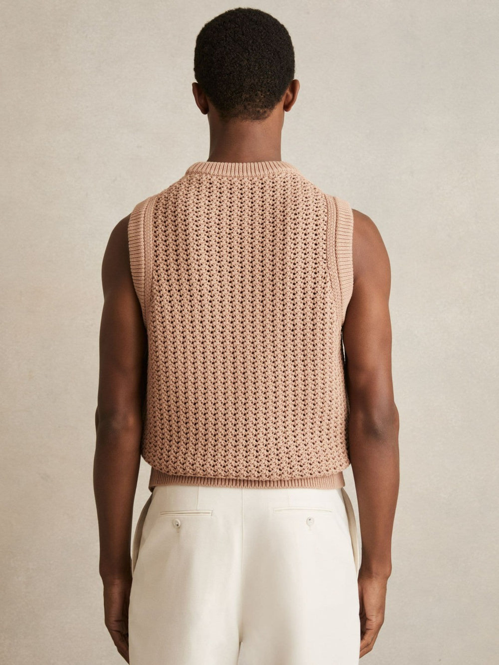 Cotton-Blend Crochet Vest in Soft Camel